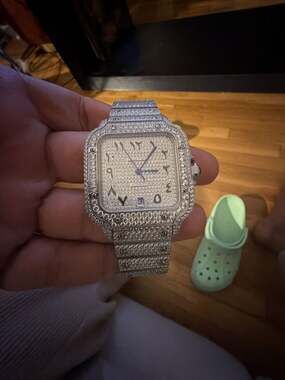 Iced Out Santos de Cartier  Automatic Watch with Arabic Numerals and Pave Stones